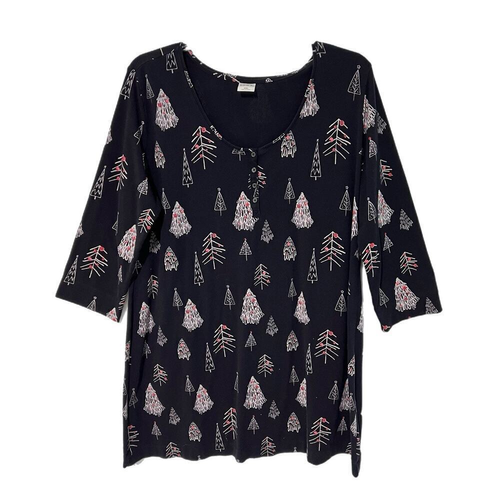 Soma Embraceable Long Sleeve Sleepshirt Nightgown Dress Black Doodle Trees XXL